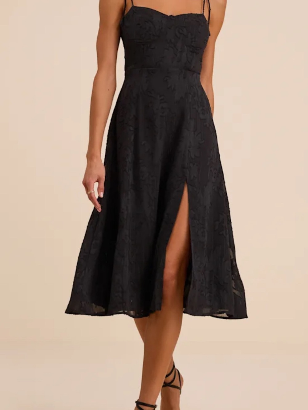 Lulu's Black Textured Spaghetti-Strap Midi Dress with Front Slit